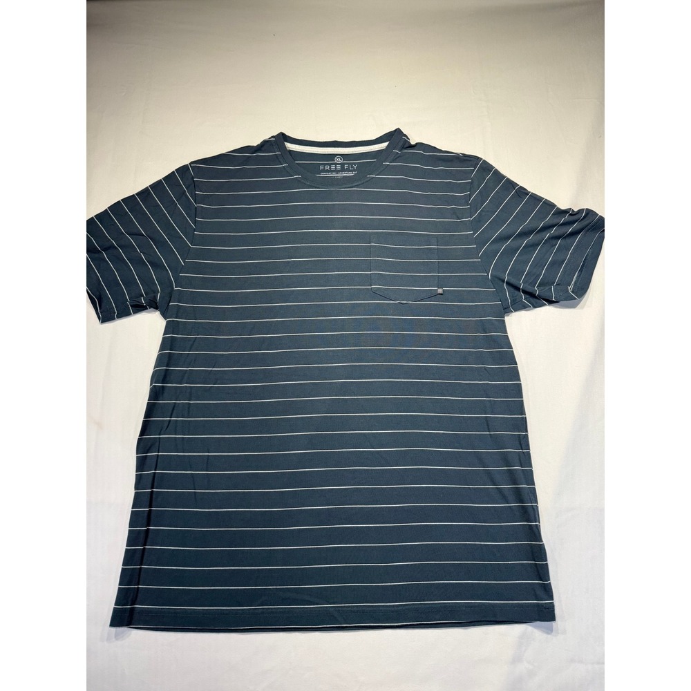 Free Fly Mens XL Performance Bamboo Striped Pocket T-Shirt Blue Charcoal Short